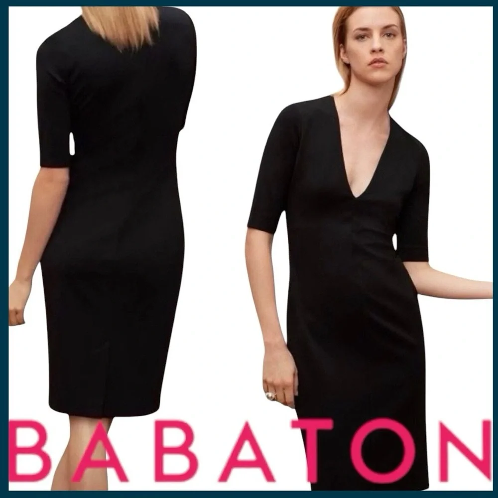 Aritzia Babaton Black V-Neck Elbow Sleeve Leon Midi Bodycon Dress (2) - Picture 3 of 15
